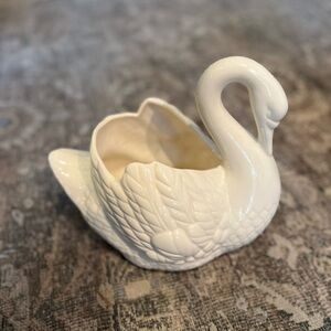 Creamy White Ceramic Swan-Shaped Planter Signed by artist